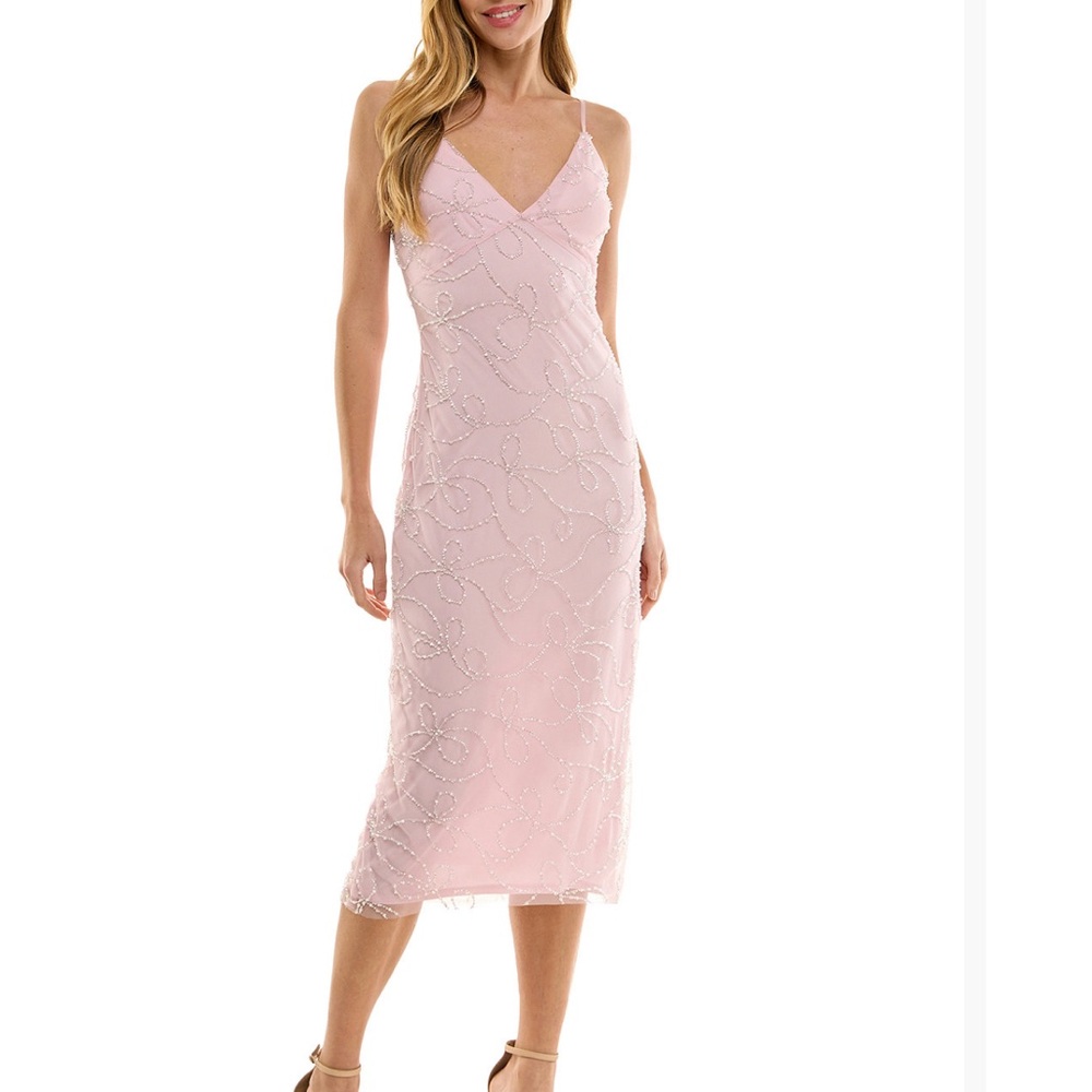 Seni & Cade Elegant Blush Pink Beaded Spaghetti Strap Dress